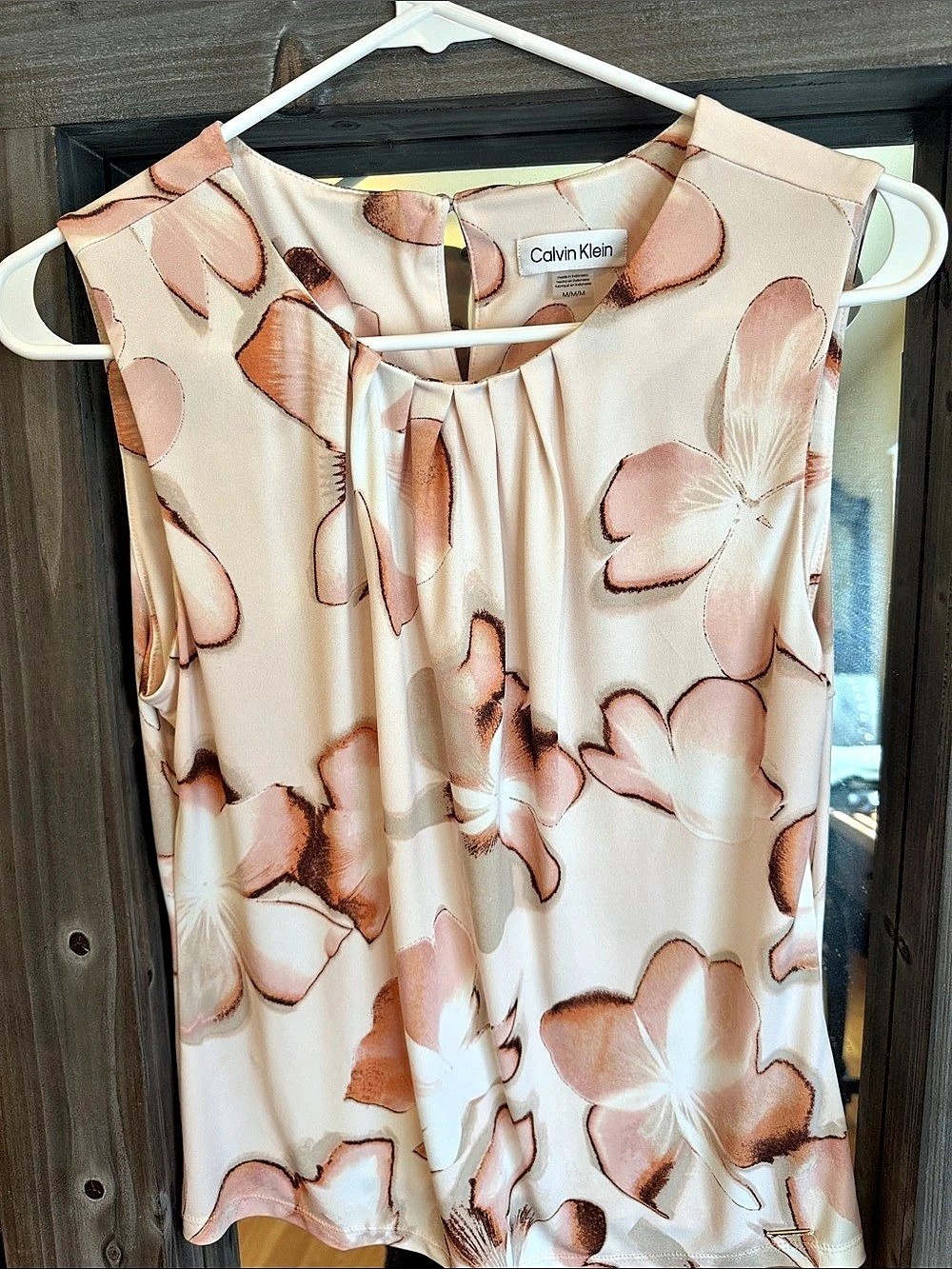 Calvin Klein Floral-Print Pleated Sleeveless Blouse Pink & Cream